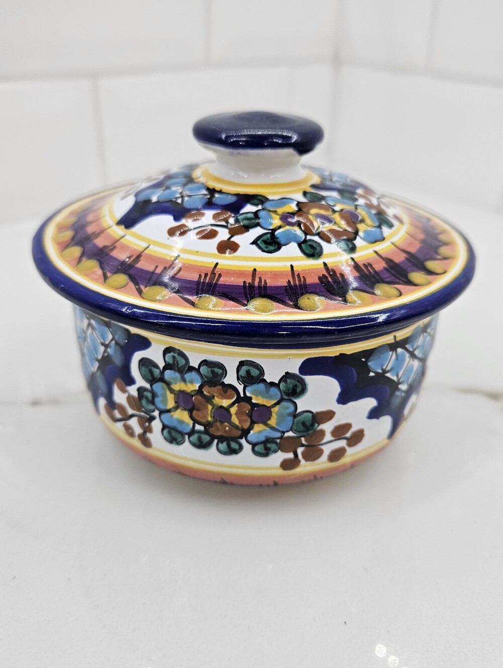 VTG Mexican Talavera Pottery Round Trinket Box Covered Dish Armando Pue Mexico